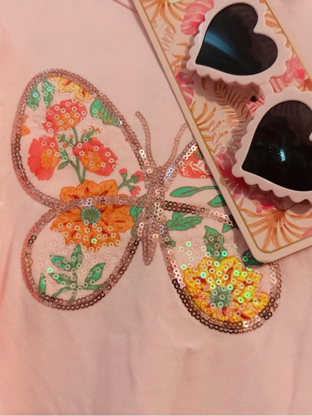 Cute Btween girls size 5 pink floral shorts shirt set sequin butterfly floral - Picture 3 of 6